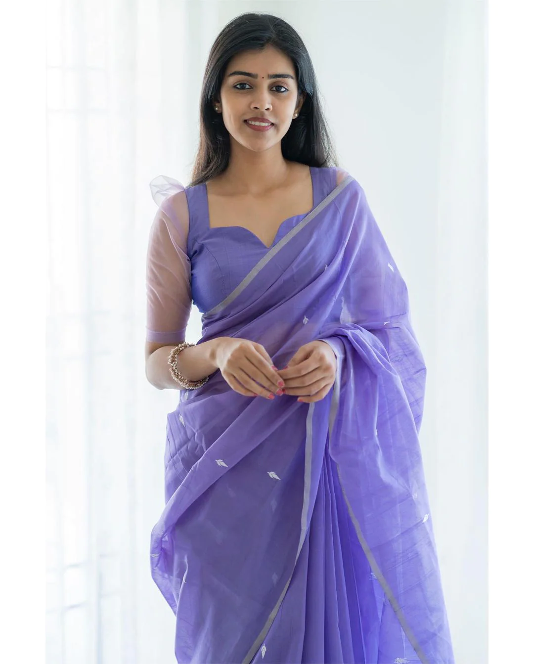 Stunning Lavender Cotton Silk Saree With Gorgeous Blouse Piece