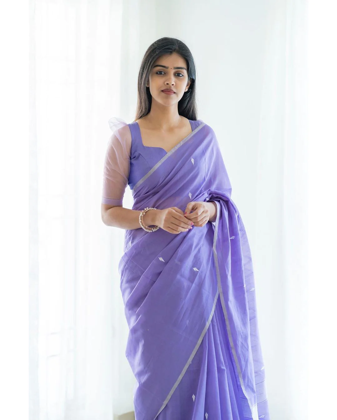 Stunning Lavender Cotton Silk Saree With Gorgeous Blouse Piece