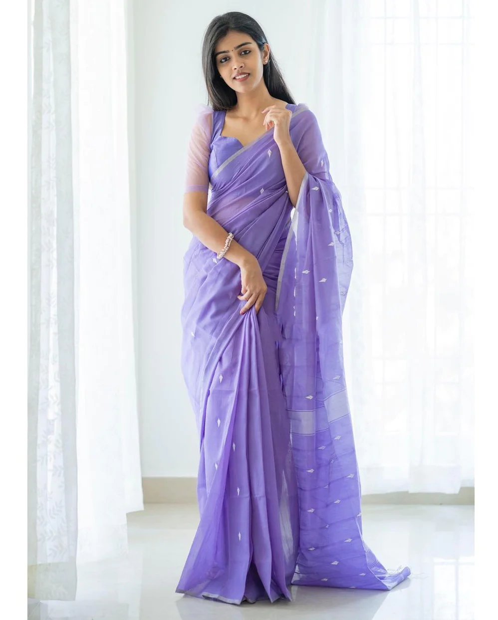 Stunning Lavender Cotton Silk Saree With Gorgeous Blouse Piece