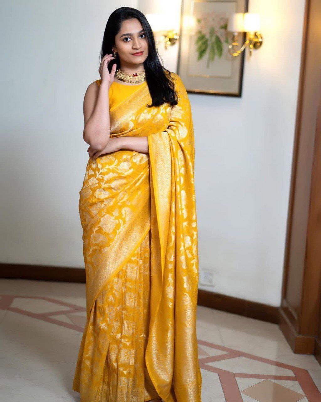 Gratifying Yellow Soft Silk Saree With Satisfying Blouse Piece