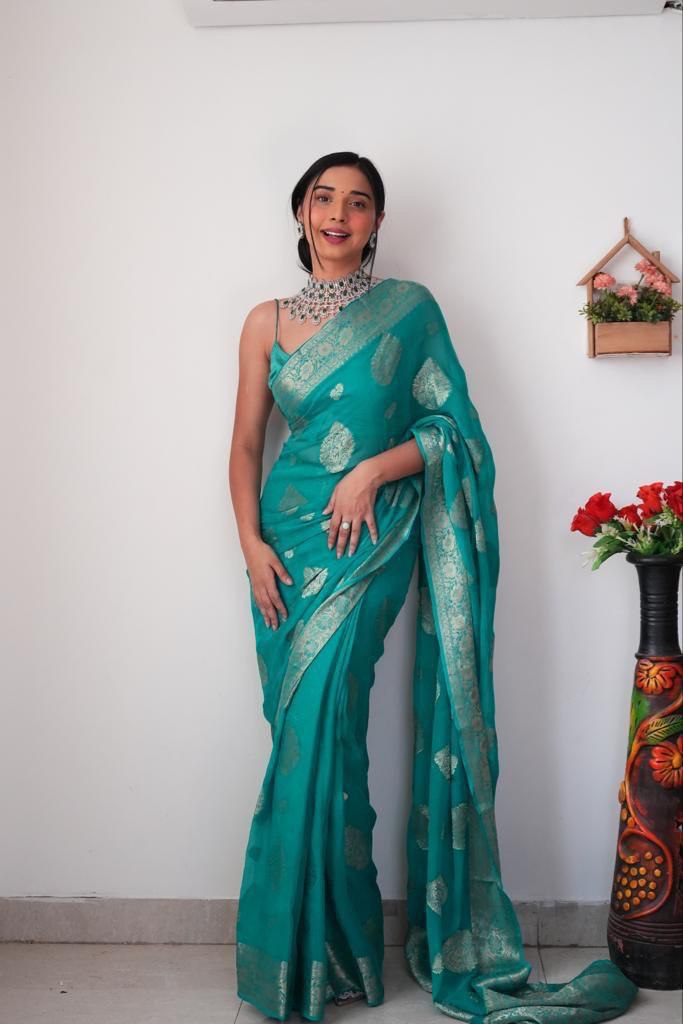 Sonorous 1-Minute Ready To Wear Sea Green Soft Silk Saree