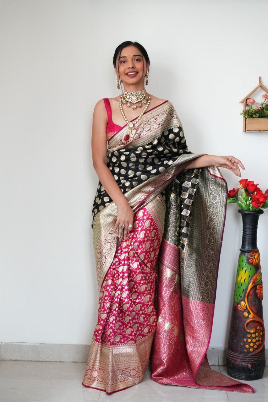 Euphonious 1-Minute Ready To Wear Black Soft Silk Saree