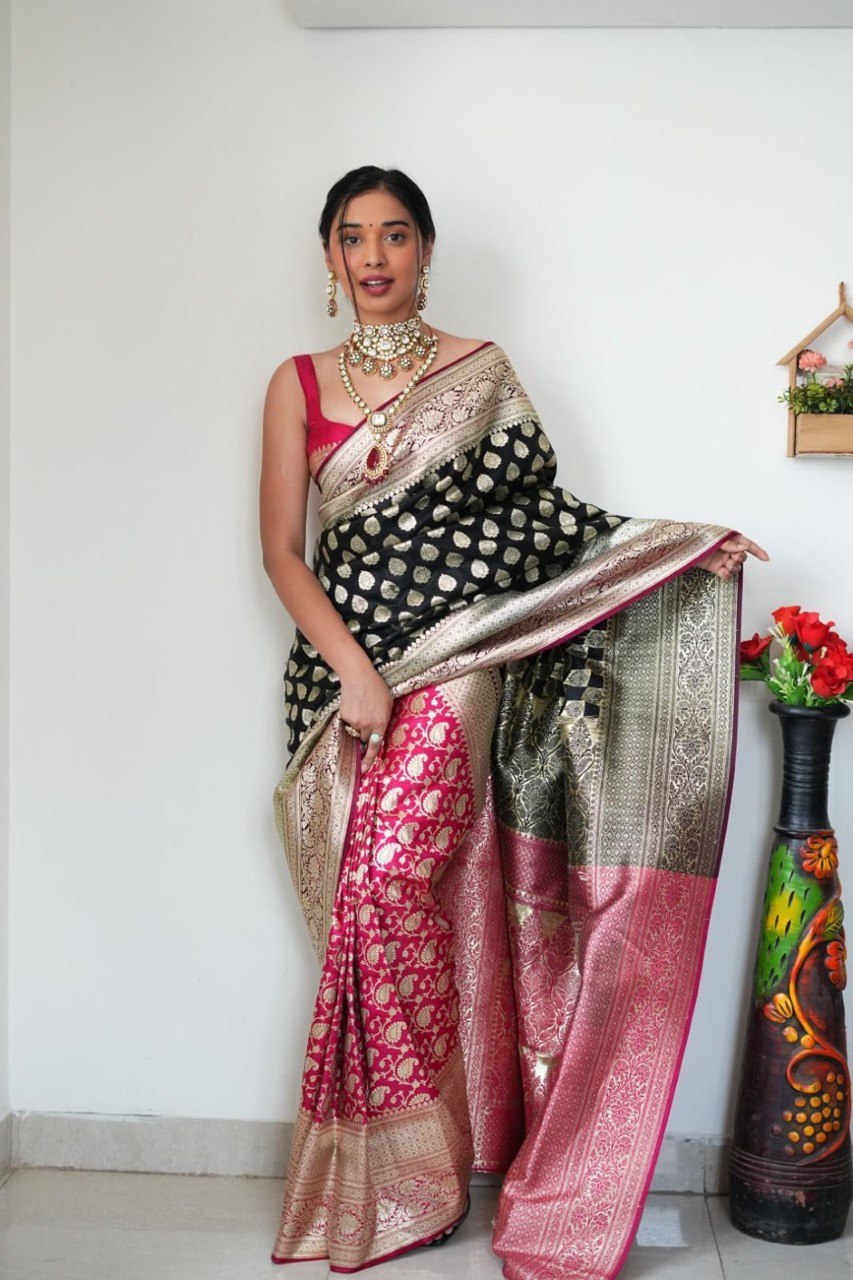 Euphonious 1-Minute Ready To Wear Black Soft Silk Saree