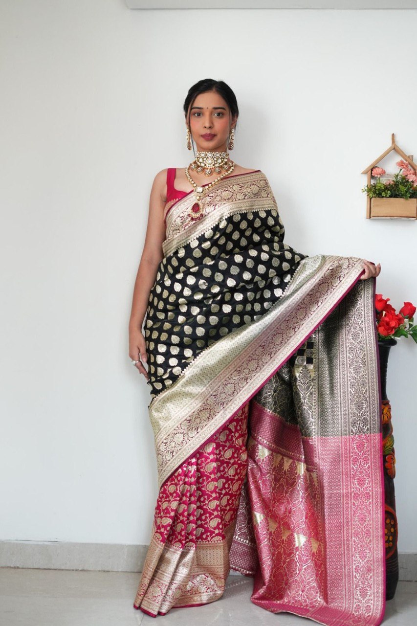 Euphonious 1-Minute Ready To Wear Black Soft Silk Saree