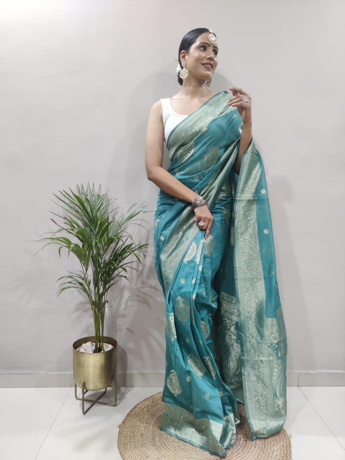 Angelic 1-Minute Ready To Wear Sea Green Soft Silk Saree