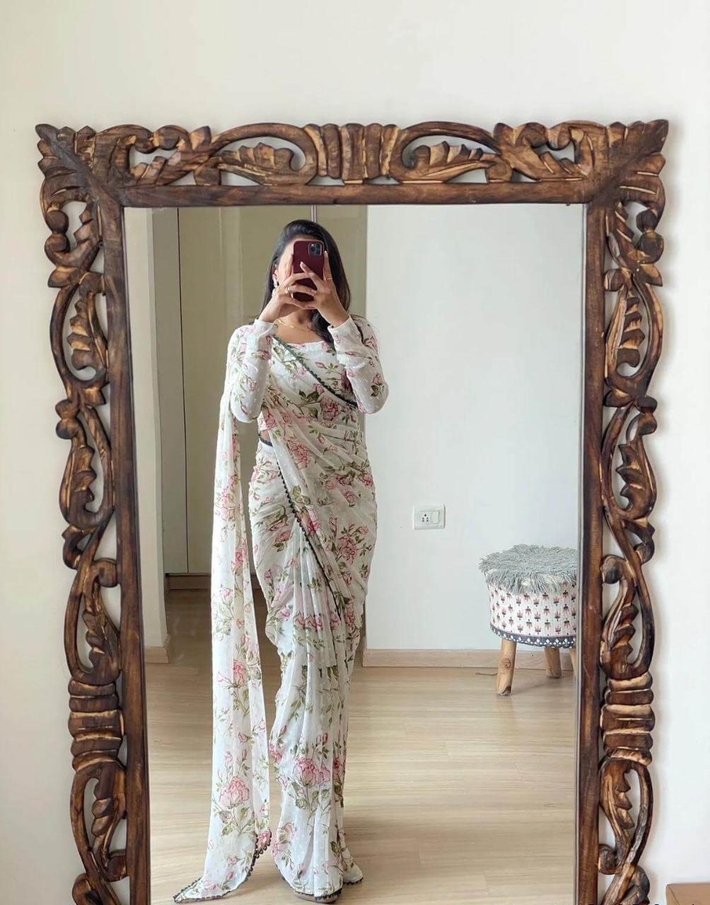 Incredible 1-Minute Ready To Wear White Georgette Saree