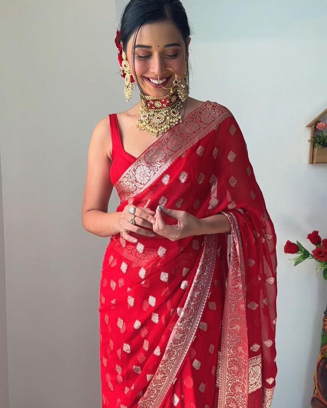 Tuneful 1-Minute Ready To Wear Red Cotton Silk Saree