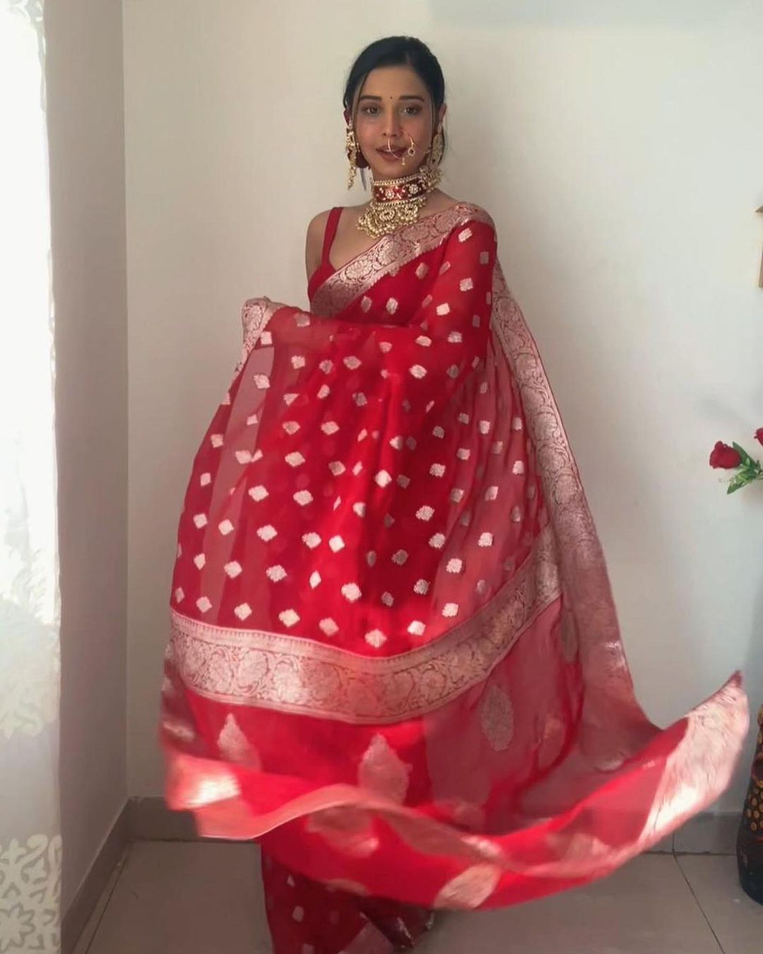 Tuneful 1-Minute Ready To Wear Red Cotton Silk Saree
