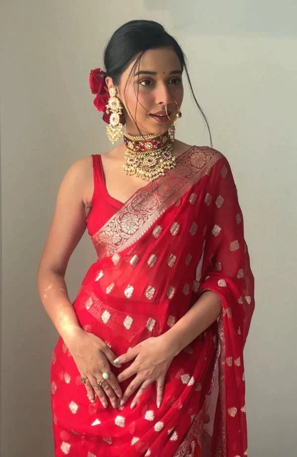 Tuneful 1-Minute Ready To Wear Red Cotton Silk Saree