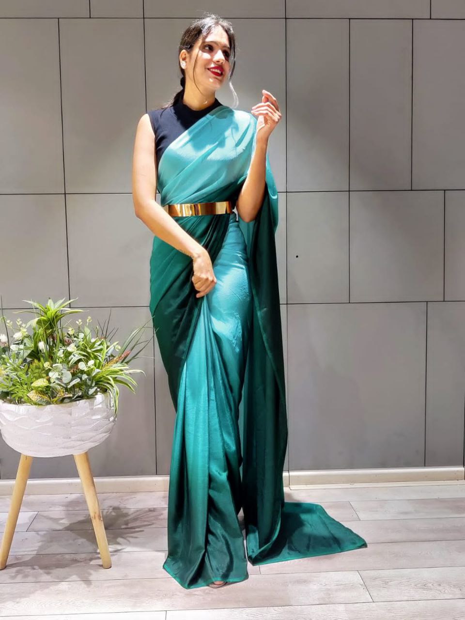 Stunning 1-Minute Ready To Wear Bottle Green Georgette Saree