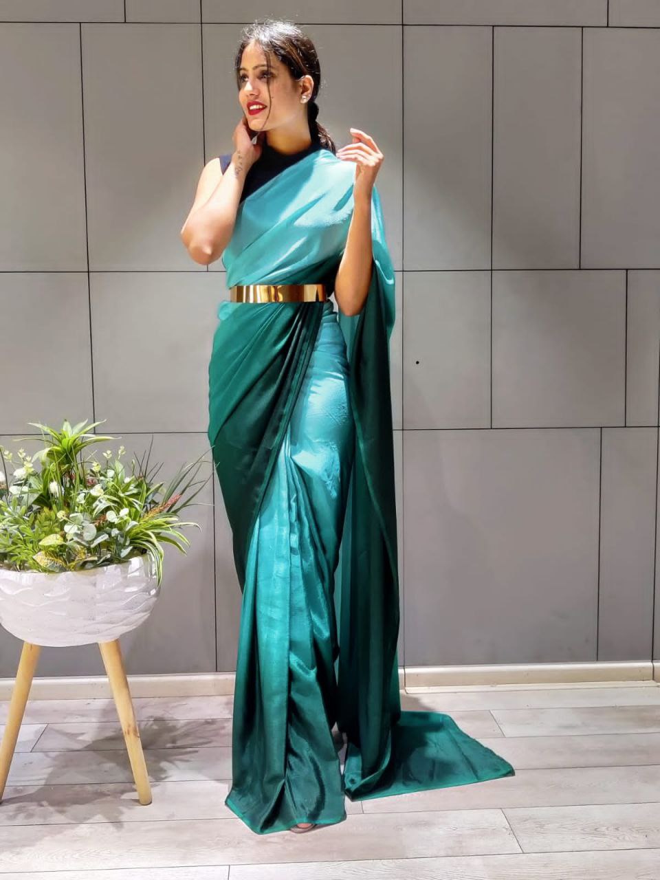 Stunning 1-Minute Ready To Wear Bottle Green Georgette Saree
