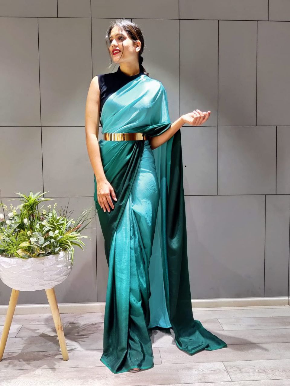 Stunning 1-Minute Ready To Wear Bottle Green Georgette Saree