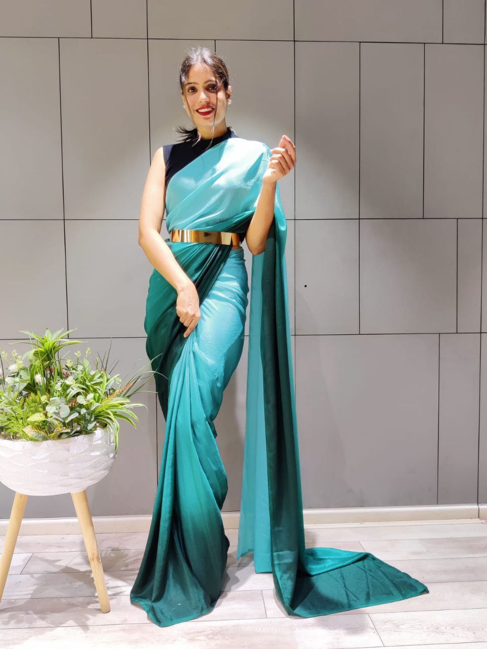 Stunning 1-Minute Ready To Wear Bottle Green Georgette Saree