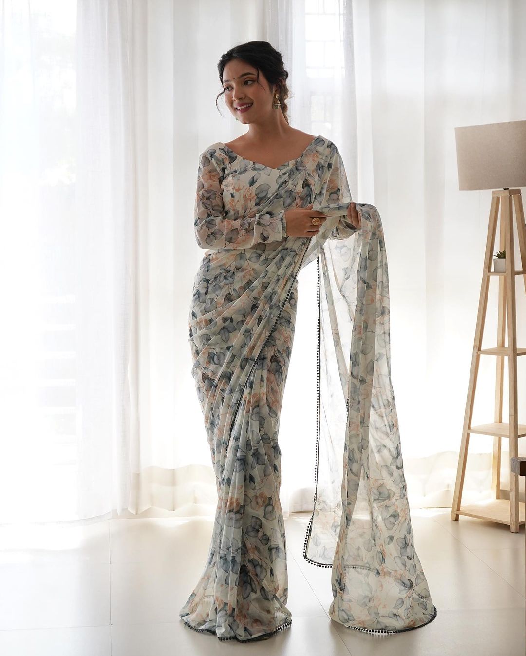 Dreamy 1-Minute Ready To Wear White Georgette Saree