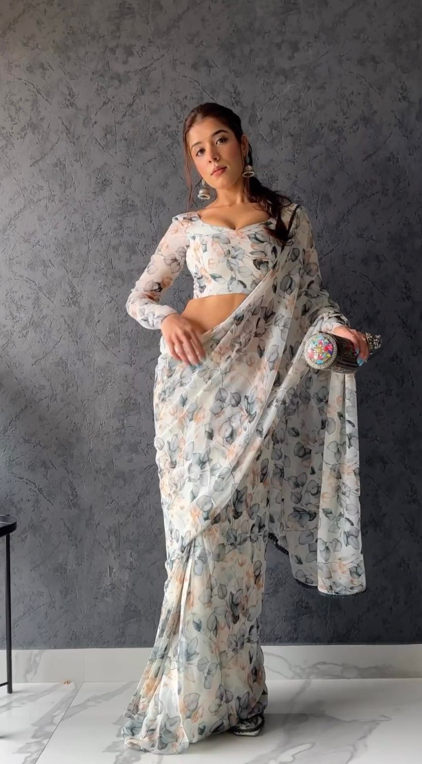 Dreamy 1-Minute Ready To Wear White Georgette Saree