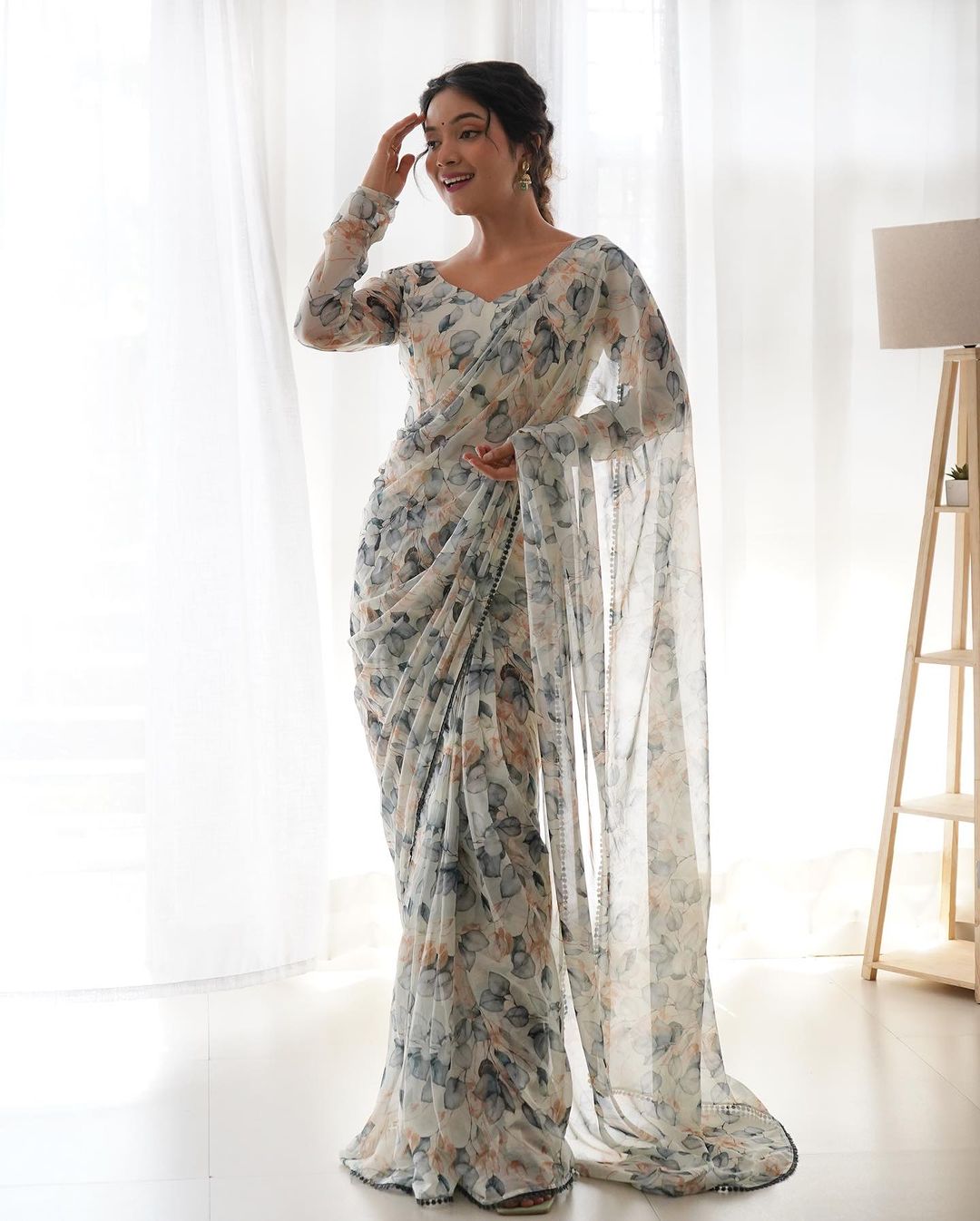 Dreamy 1-Minute Ready To Wear White Georgette Saree