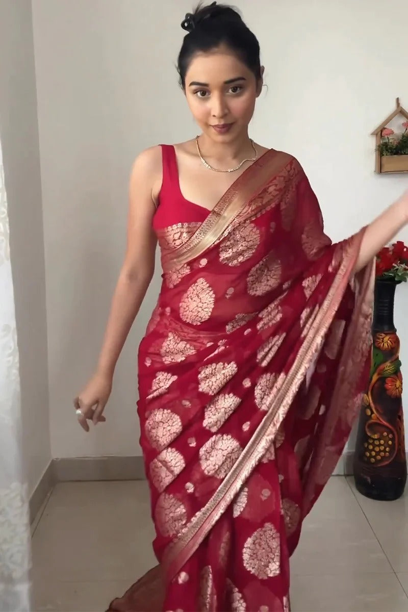 Incredible 1-Minute Ready To Wear Red Cotton Silk Saree