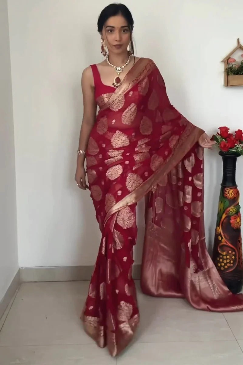 Incredible 1-Minute Ready To Wear Red Cotton Silk Saree
