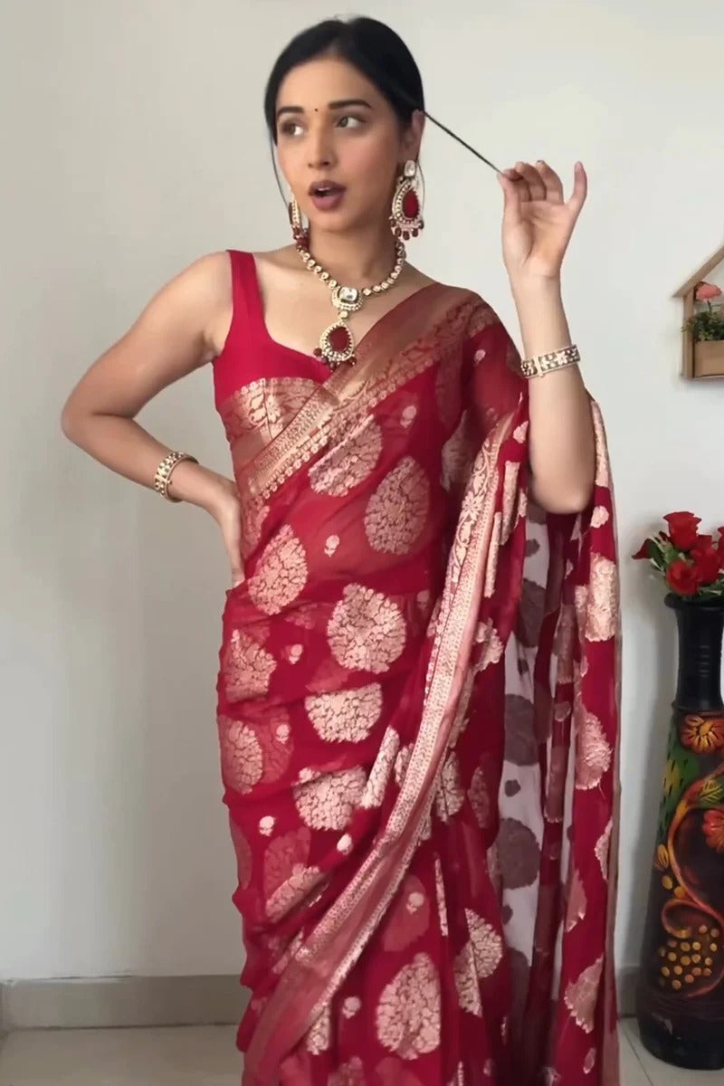 Incredible 1-Minute Ready To Wear Red Cotton Silk Saree
