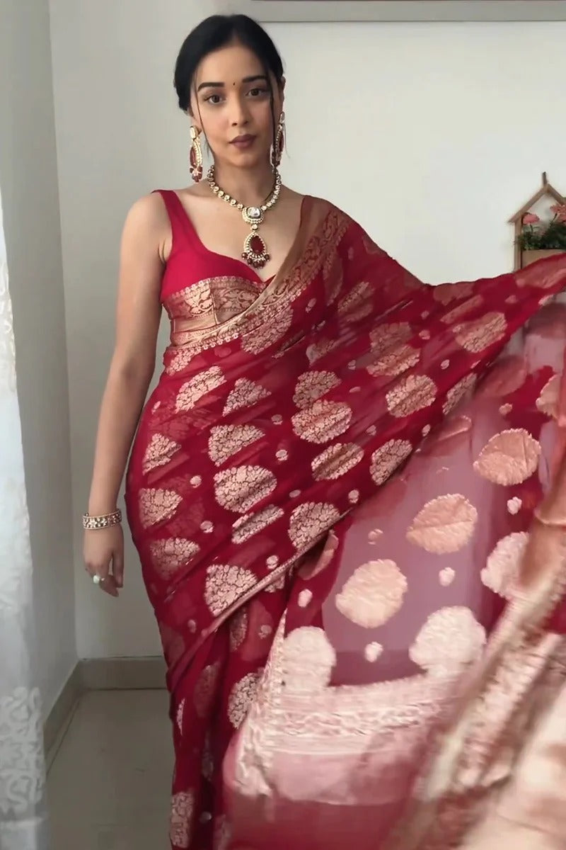 Incredible 1-Minute Ready To Wear Red Cotton Silk Saree