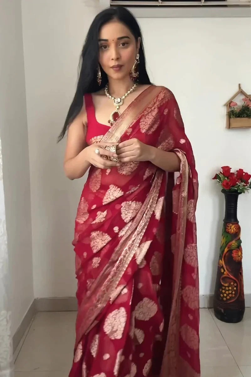 Incredible 1-Minute Ready To Wear Red Cotton Silk Saree