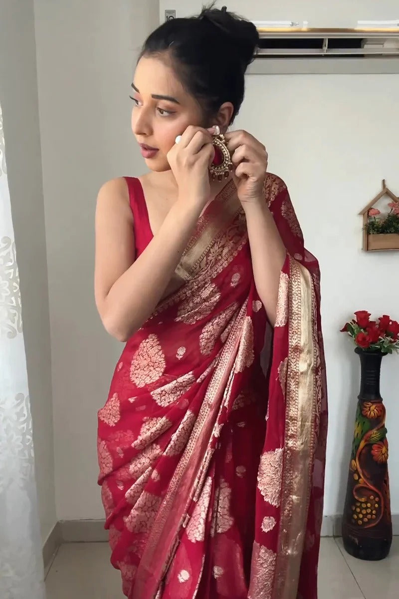 Incredible 1-Minute Ready To Wear Red Cotton Silk Saree