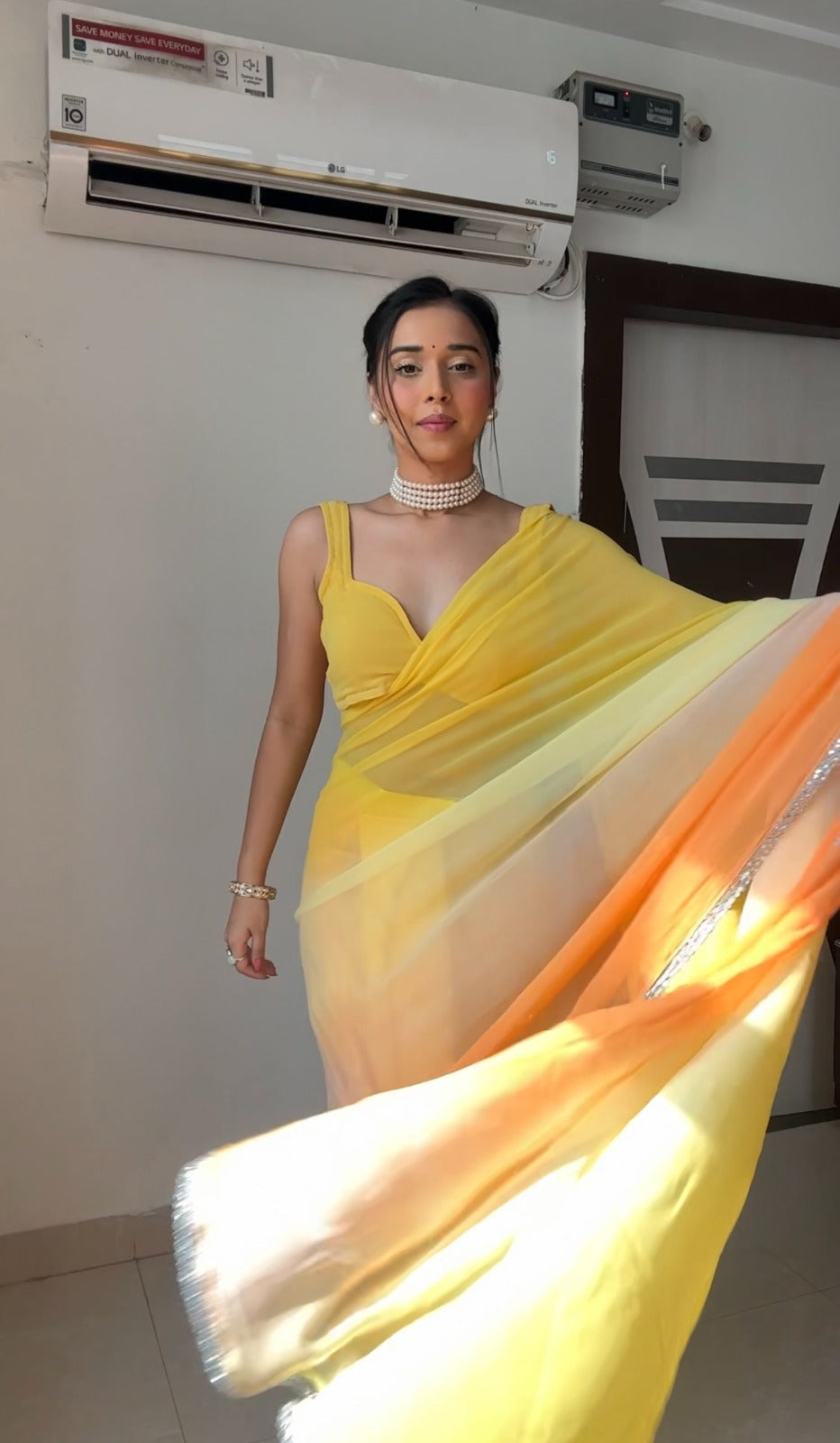 Stunningly 1-Minute Ready To Wear Yellow Georgette Saree