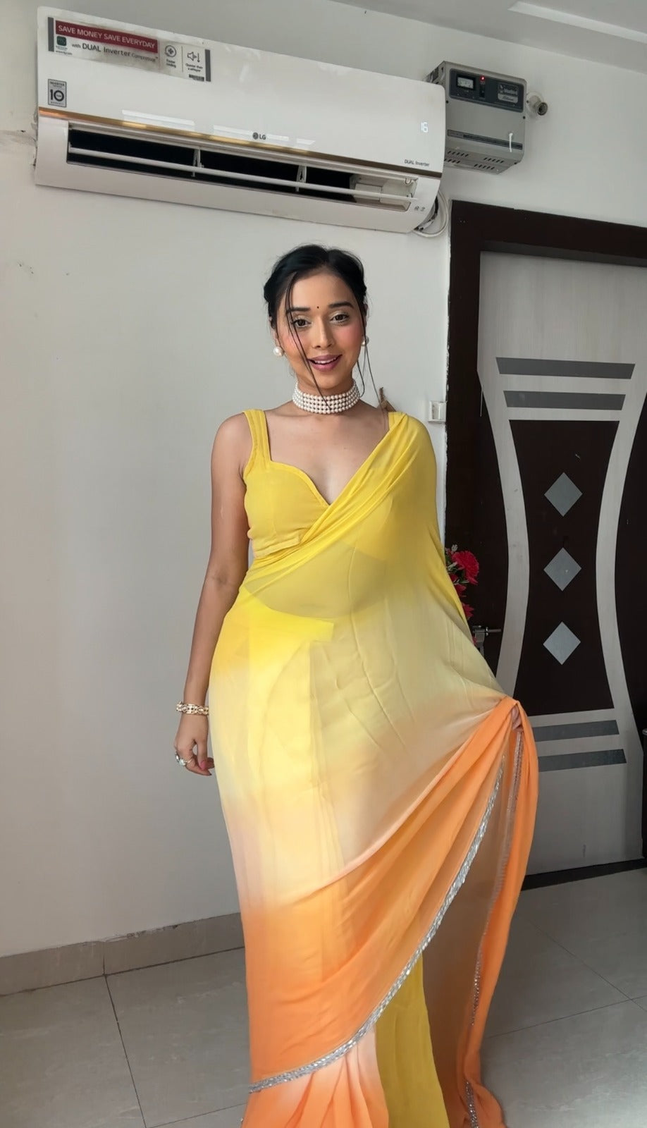 Stunningly 1-Minute Ready To Wear Yellow Georgette Saree