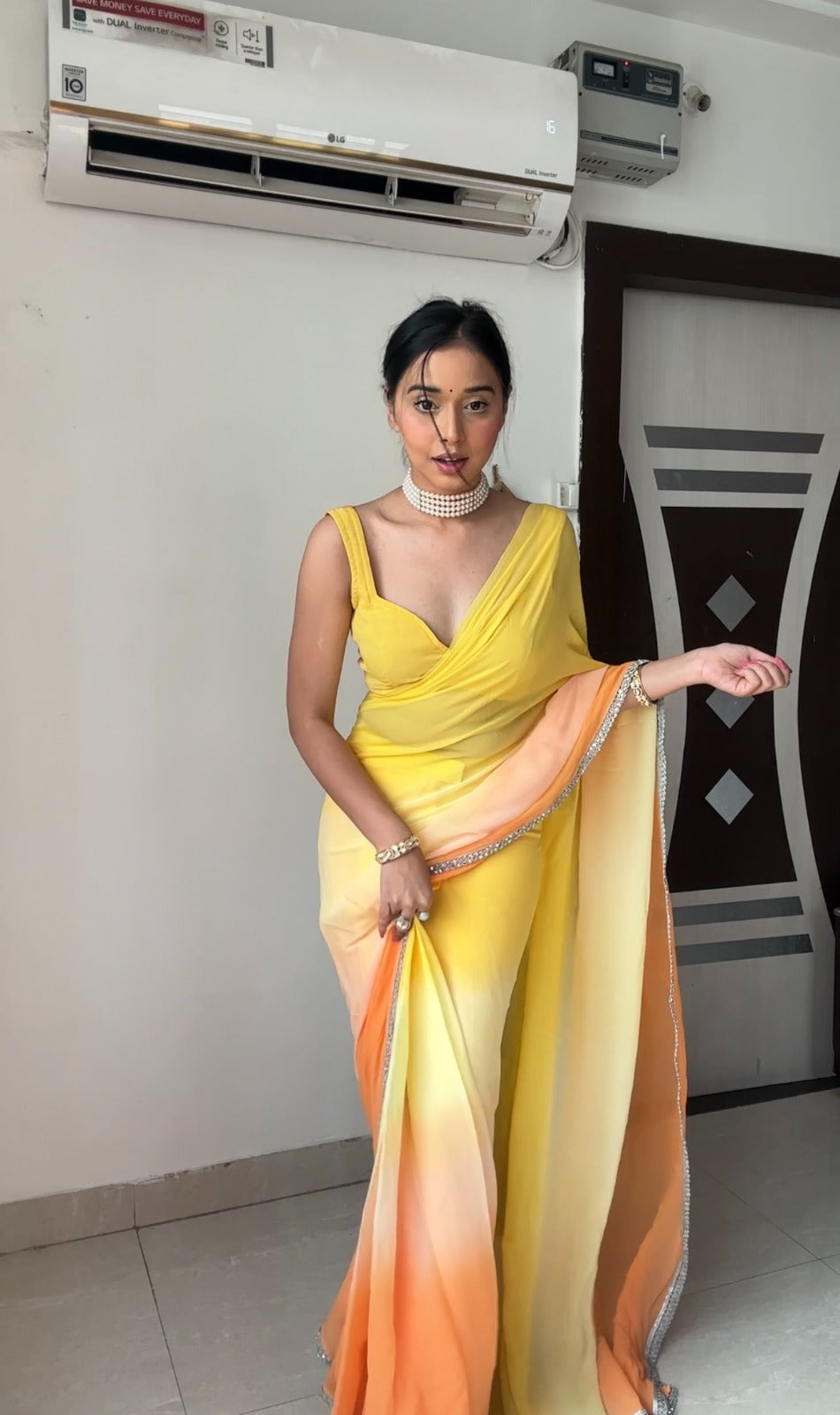 Stunningly 1-Minute Ready To Wear Yellow Georgette Saree