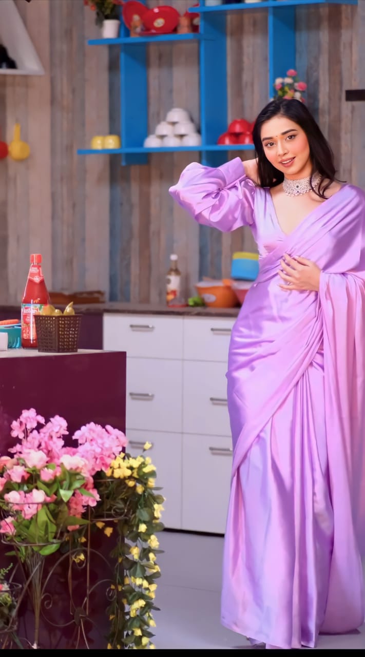 Merciful 1-Minute Ready To Wear Lavender Soft Satin Silk Saree