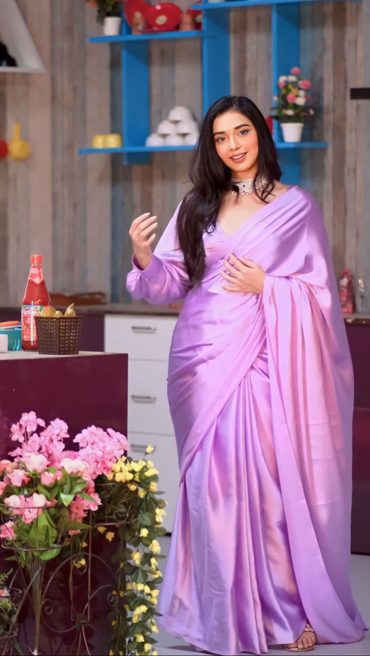 Merciful 1-Minute Ready To Wear Lavender Soft Satin Silk Saree