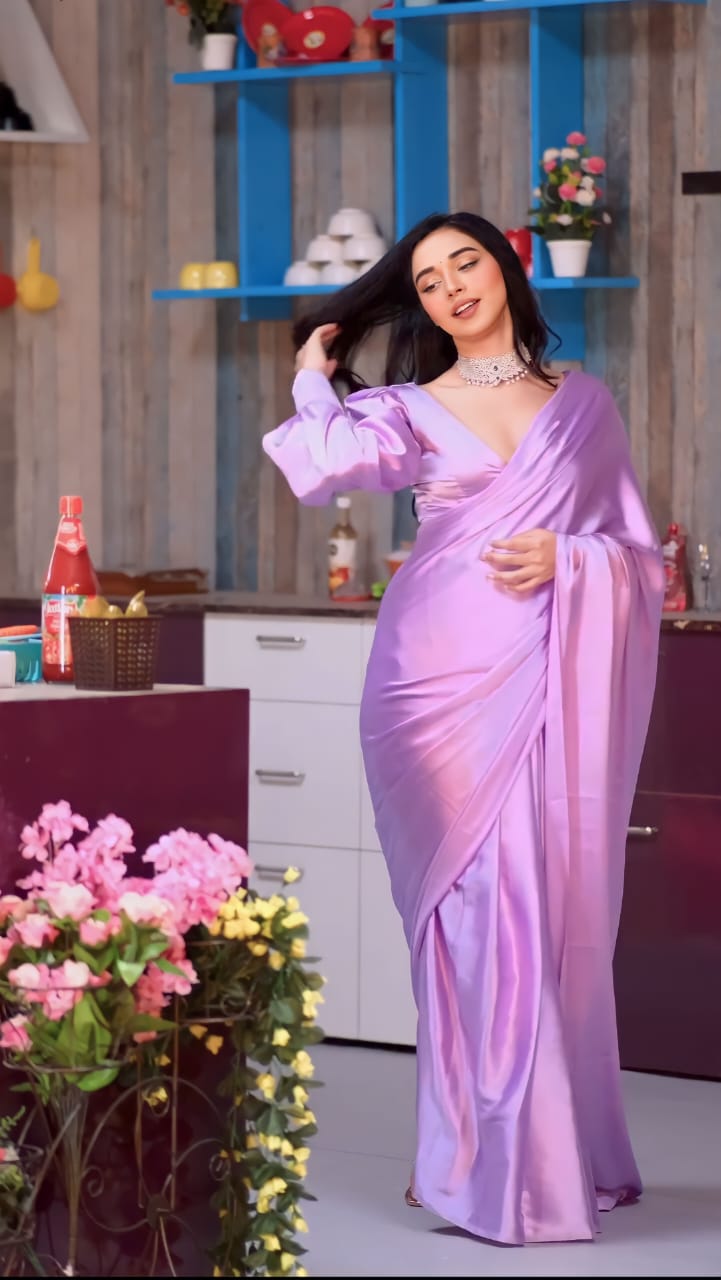 Merciful 1-Minute Ready To Wear Lavender Soft Satin Silk Saree