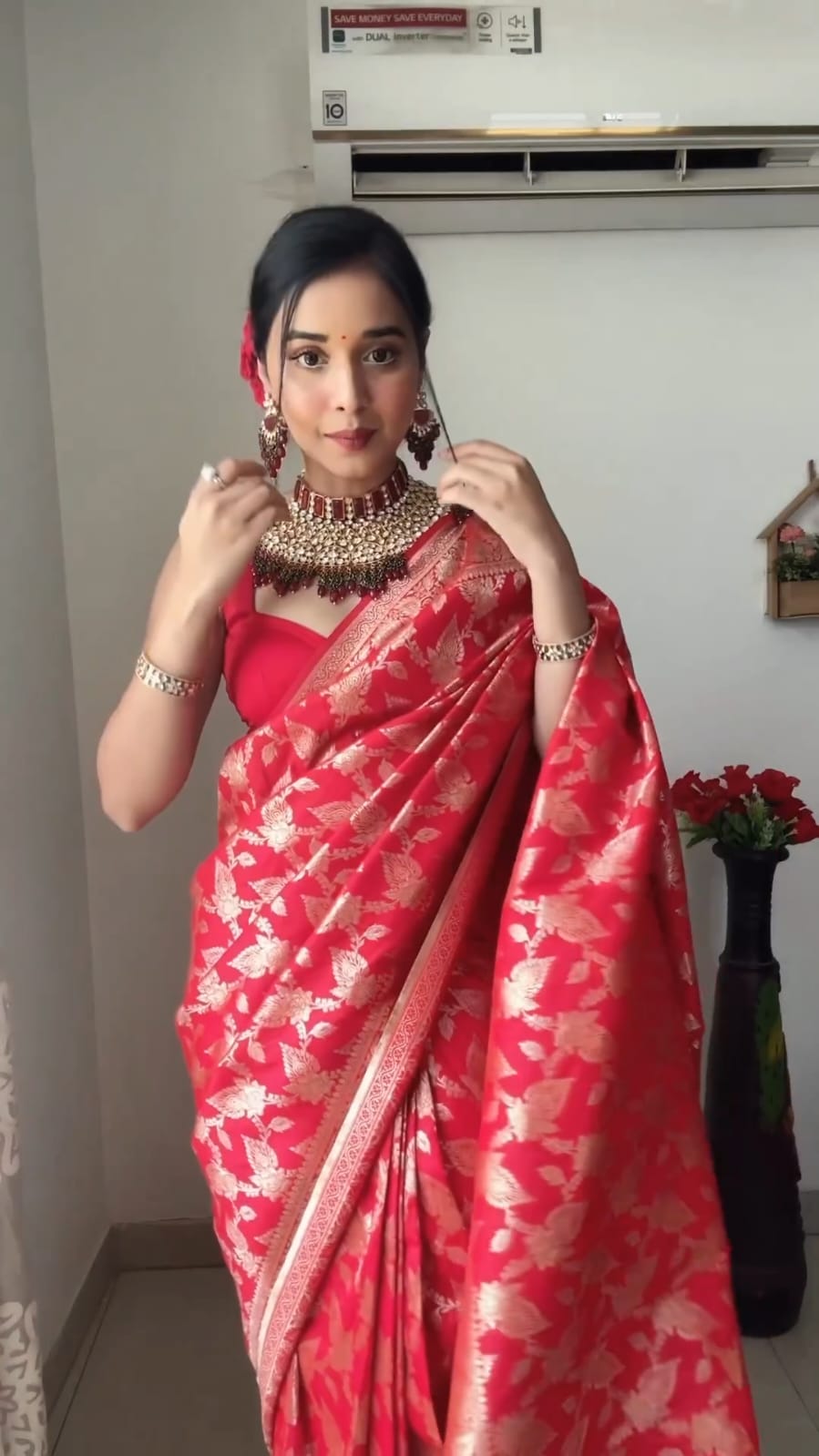 Radiant 1-Minute Ready To Wear Red Soft Silk Saree