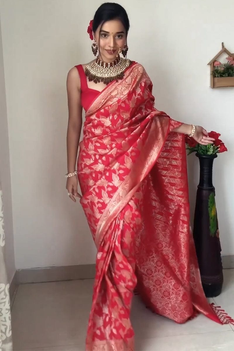 Radiant 1-Minute Ready To Wear Red Soft Silk Saree