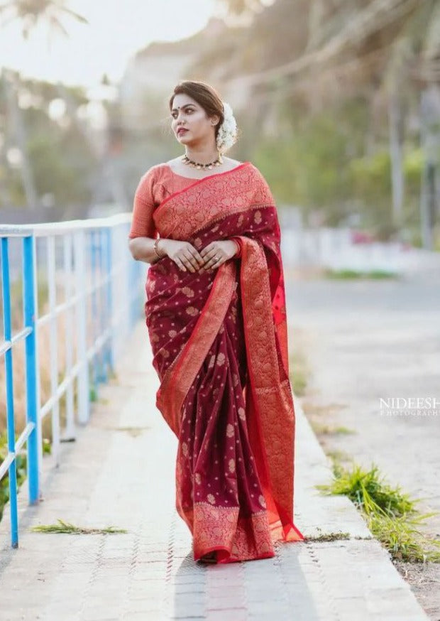 Peaceful Red Soft Silk Saree With Relaxing Blouse Piece