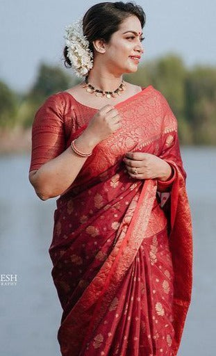Peaceful Red Soft Silk Saree With Relaxing Blouse Piece