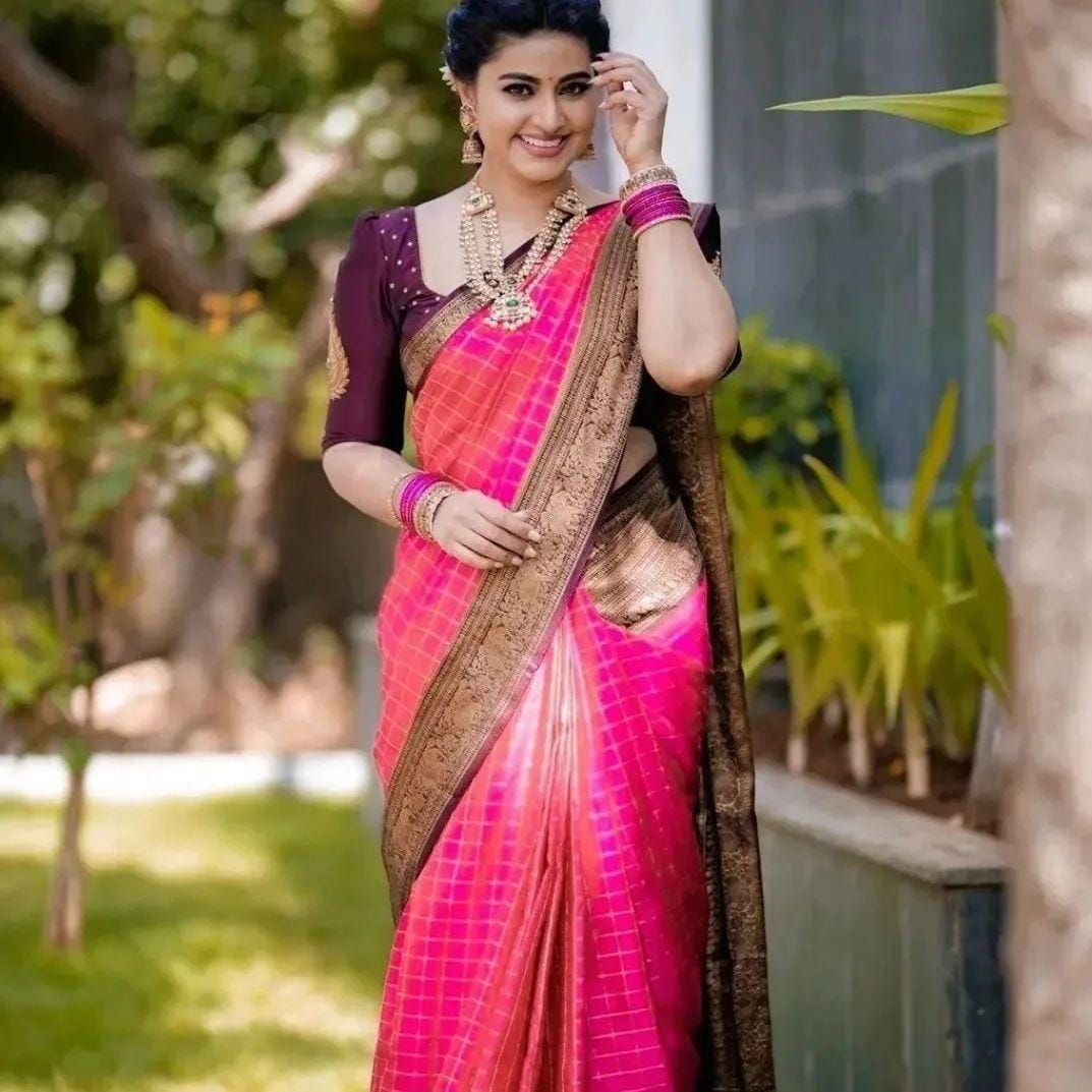 Unforgettable Pink Soft Silk Saree With Sparkling Blouse Piece