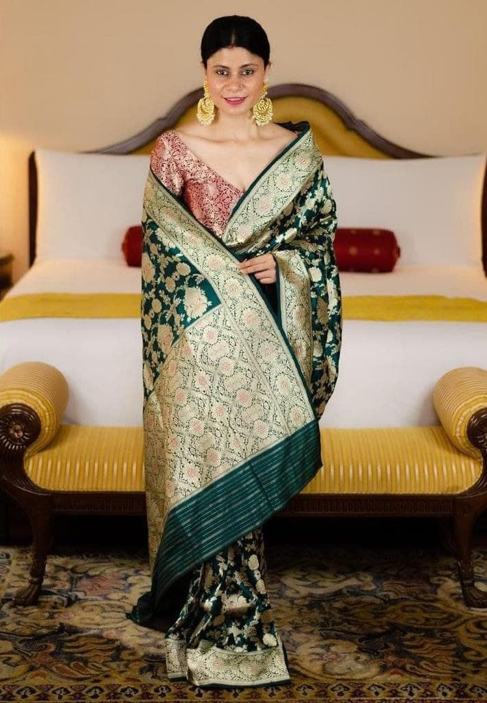 Lyrical Green Soft Silk Saree With Inflexible Blouse Piece