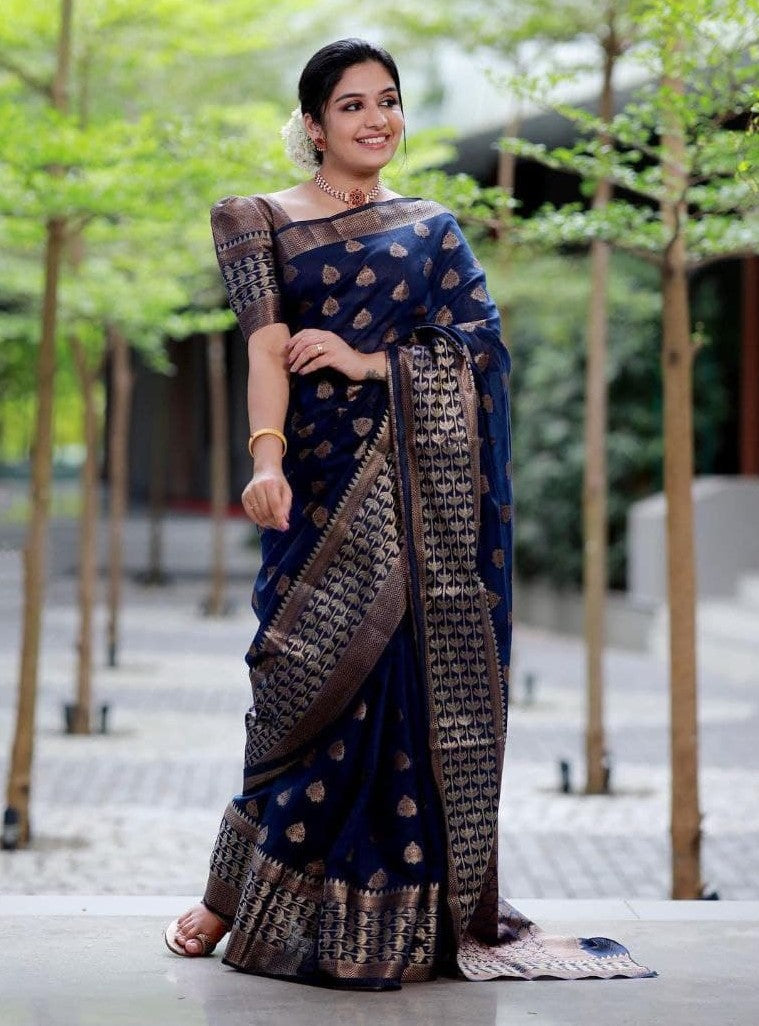 Smooth Navy Blue Soft Silk Saree With Satisfying Blouse Piece