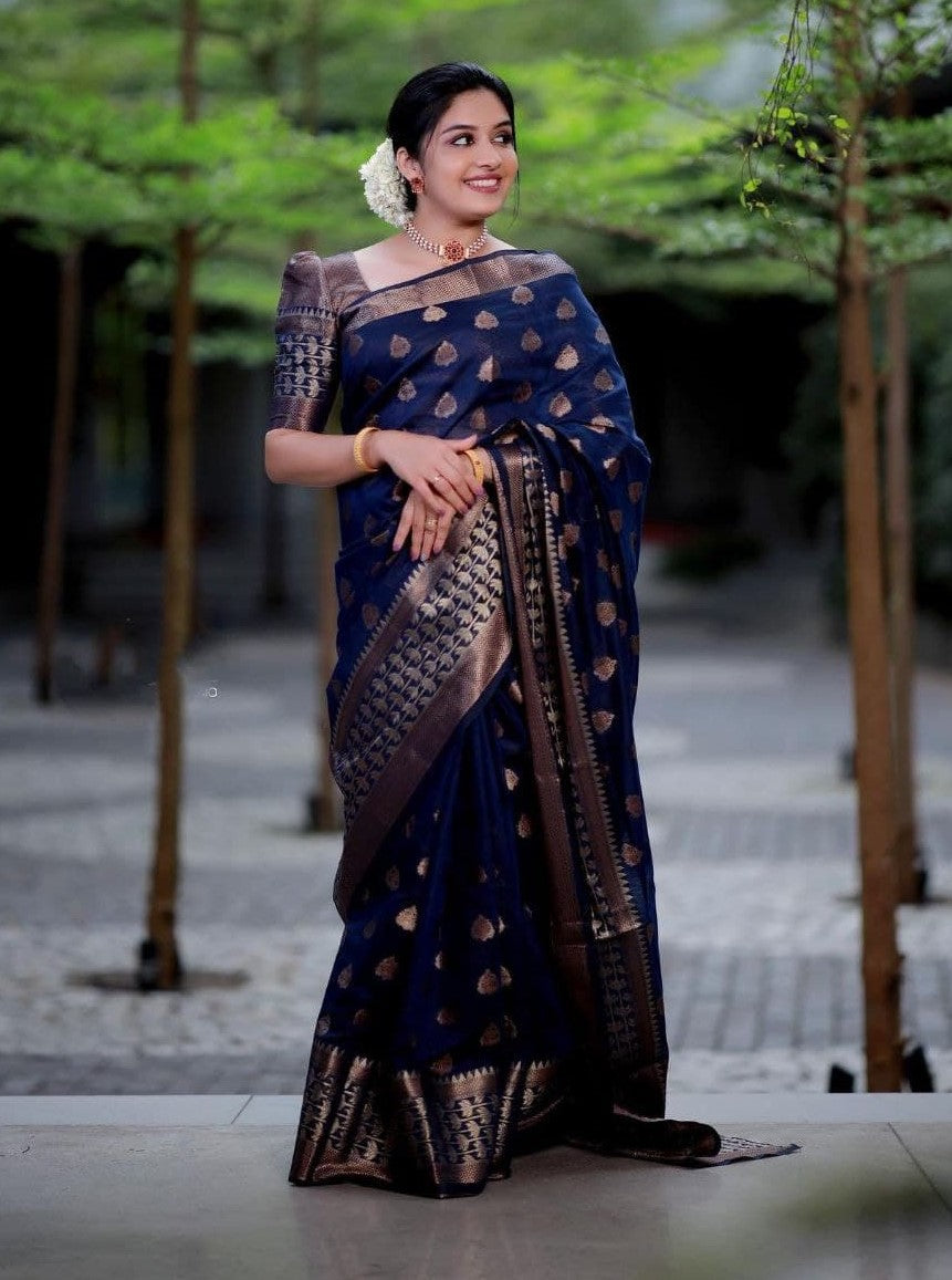 Smooth Navy Blue Soft Silk Saree With Satisfying Blouse Piece