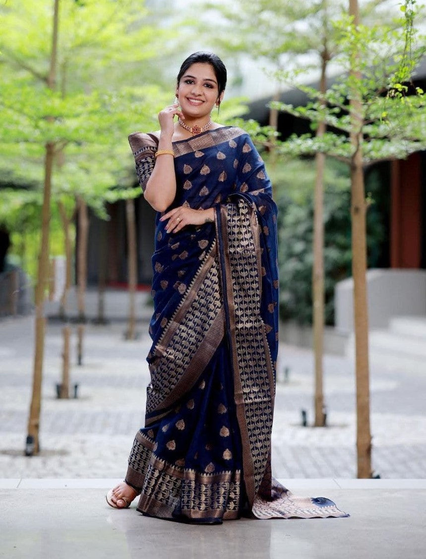 Smooth Navy Blue Soft Silk Saree With Satisfying Blouse Piece
