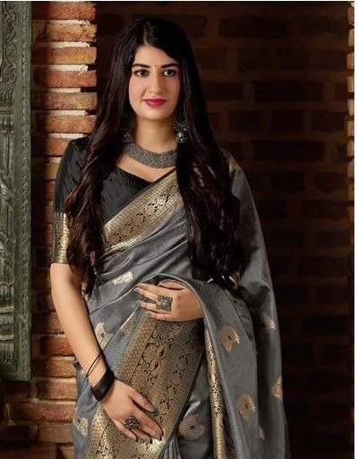Stunningly Grey Soft Silk Saree With Wonderment Blouse Piece