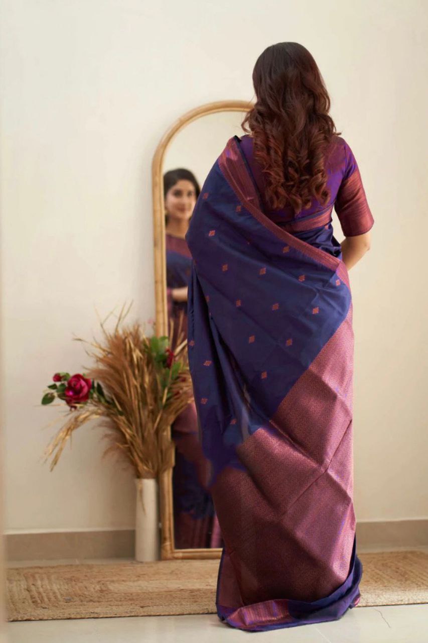 Delightfulness Navy Blue Soft Silk Saree With Temptingly Blouse Piece