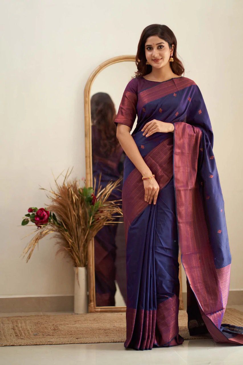 Delightfulness Navy Blue Soft Silk Saree With Temptingly Blouse Piece