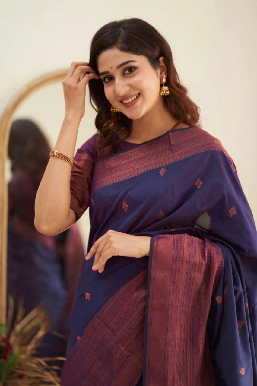 Delightfulness Navy Blue Soft Silk Saree With Temptingly Blouse Piece