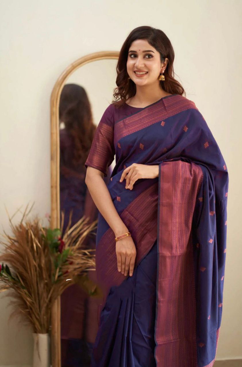 Delightfulness Navy Blue Soft Silk Saree With Temptingly Blouse Piece