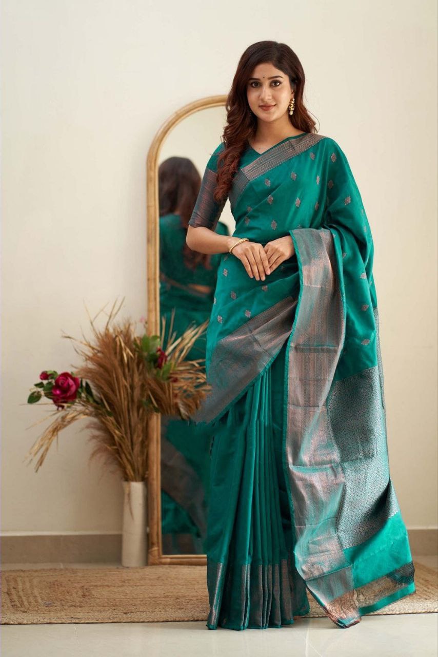 Delicacy Rama Soft Silk Saree With Spellbound Blouse Piece
