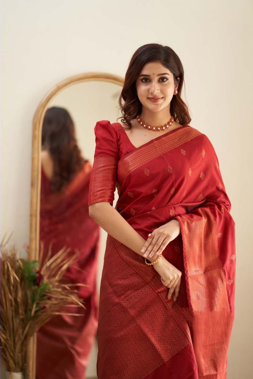 Phenomenally Red Soft Silk Saree With Dreamlike Blouse Piece