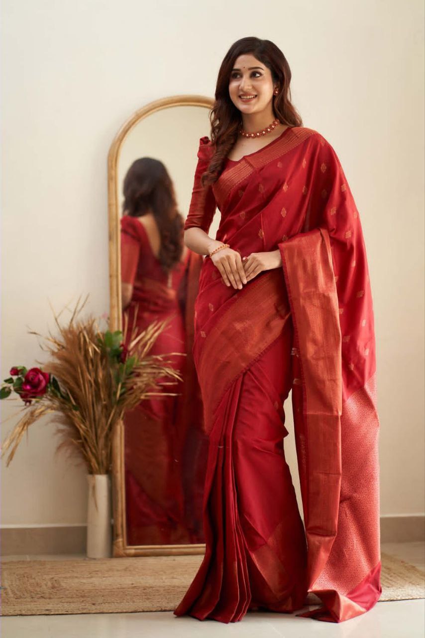 Phenomenally Red Soft Silk Saree With Dreamlike Blouse Piece