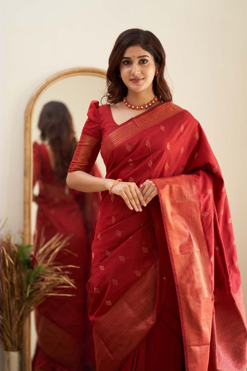 Phenomenally Red Soft Silk Saree With Dreamlike Blouse Piece